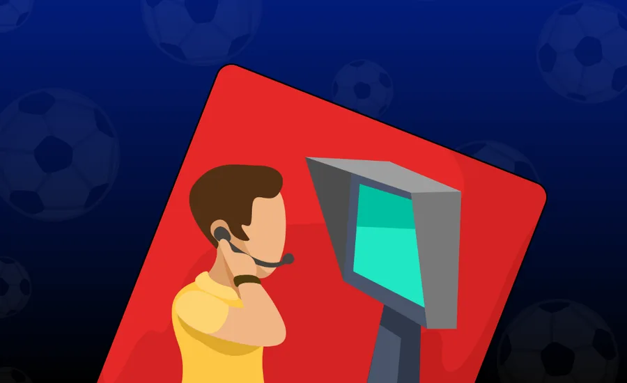 Campaign illustration of a VAR referee reviewing a pitch-side monitor on a red card