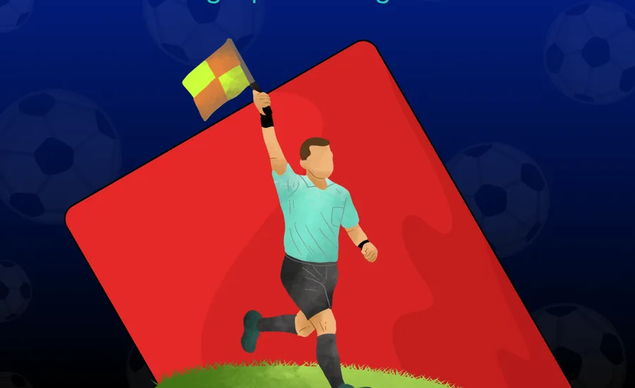 Campaign illustration of an assistant referee raising the offside flag on a red card