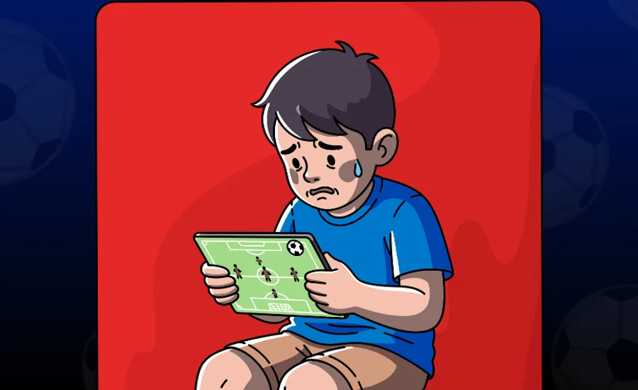 Campaign illustration of a young fan watching a match unfold on a tablet, on a red card