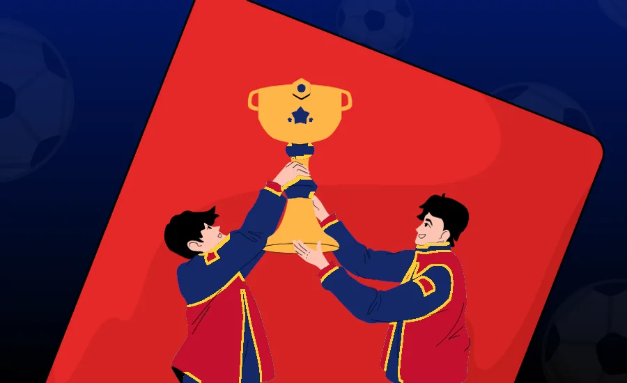 Campaign illustration of two teammates lifting a trophy together on a red card